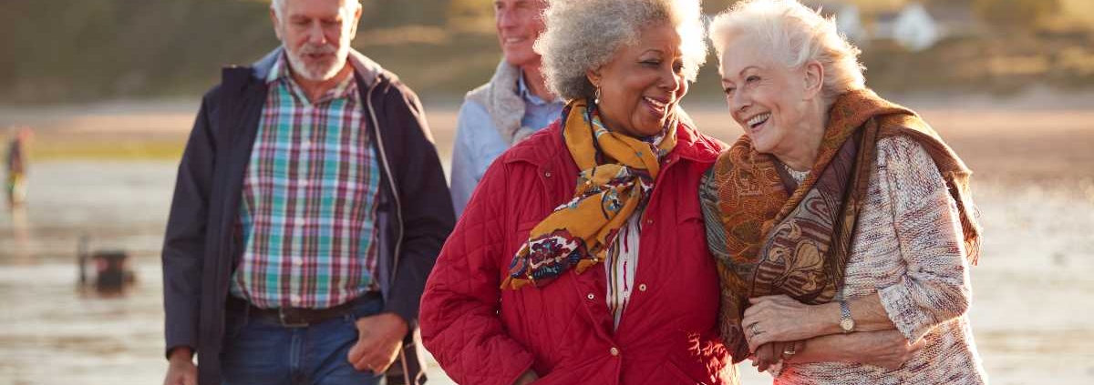 Group Of Smiling Senior Friends Walking Arm In Arm Along Shoreline Of Winter Beach